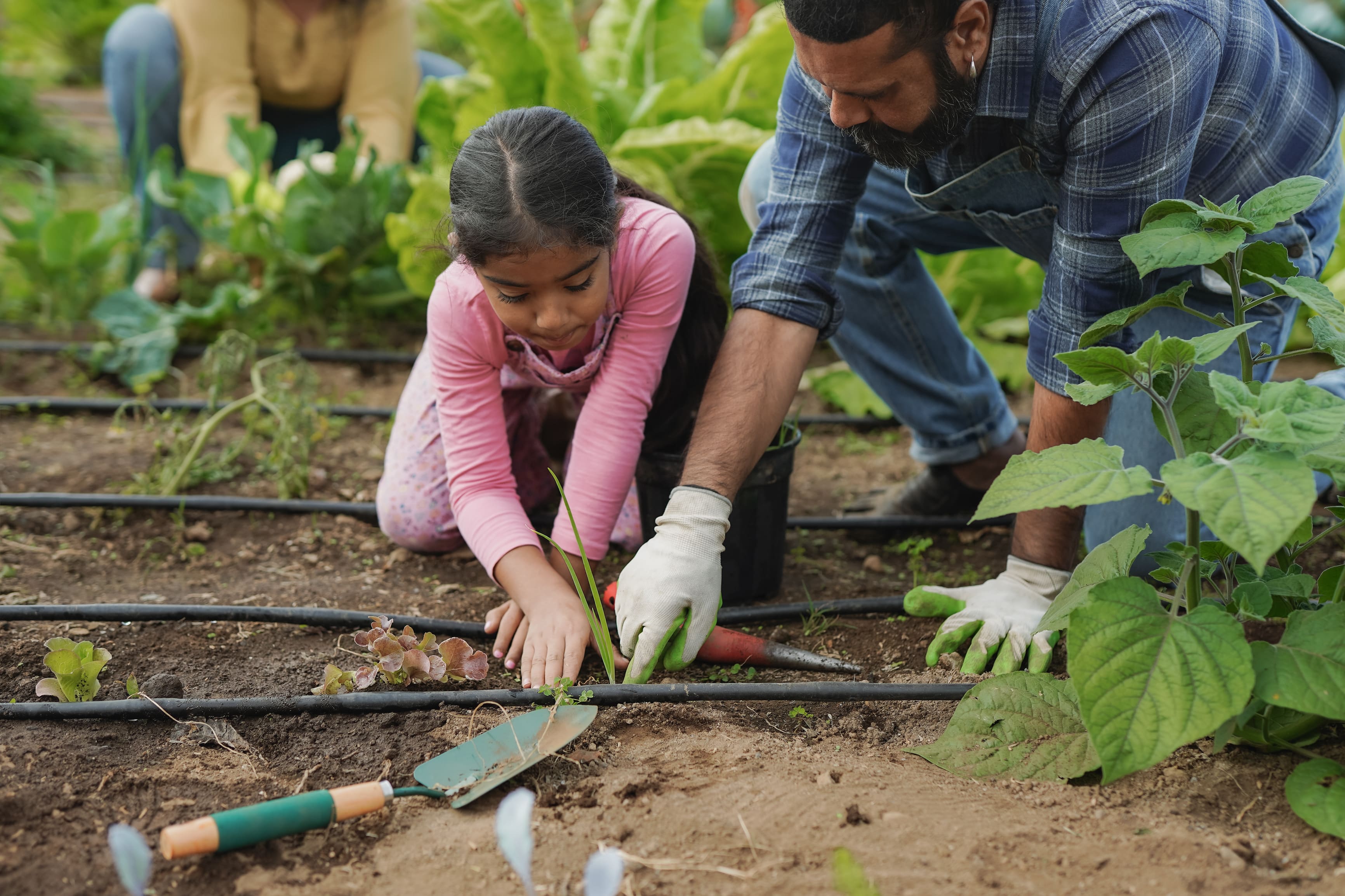 A young girl planting in the garden with her father enjoying gardening activities for children.